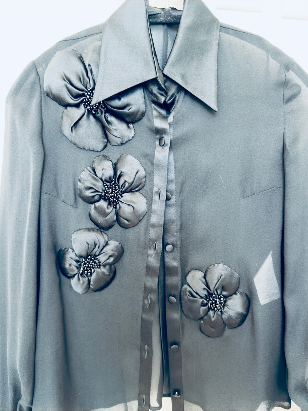 Valentino Couture Black Silk Chiffon Floral Button Blouse Size 4 - Picture 8 of 16